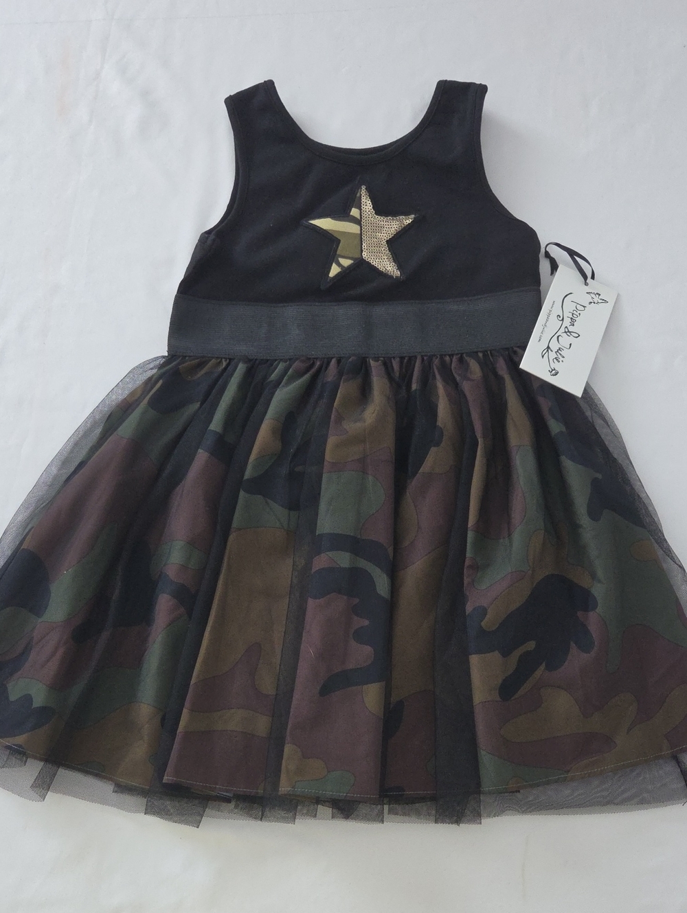 Pippa & Julie Black Bodice with Camouflage Tulle Skirt and Gold Star Accent